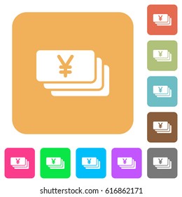 Yen banknotes flat icons on rounded square vivid color backgrounds.