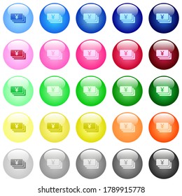 Yen banknotes icons in set of 25 color glossy spherical buttons