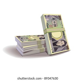 Yen banknotes vector illustration in color, financial theme ; isolated on background.