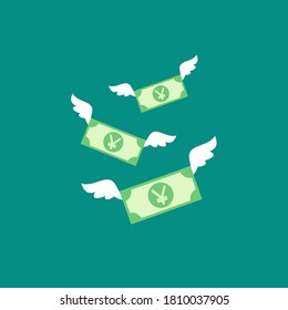 yen banknotes with white wings. Flat  blue background. Flying money. Economy, finance, money pictogram. Wealth symbol.  Vector illustration. Free, easy.  Spend, expenses  