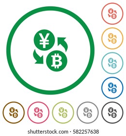 Yen Bitcoin money exchange flat color icons in round outlines on white background