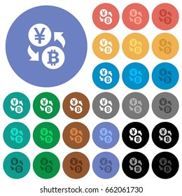 Yen Bitcoin money exchange multi colored flat icons on round backgrounds. Included white, light and dark icon variations for hover and active status effects, and bonus shades on black backgounds.