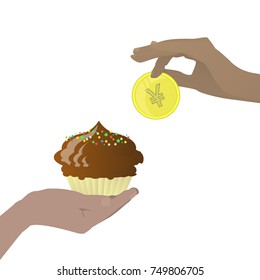 yen Chinese coin. exchange, purchase of chocolate cake. holds in hands. vector illustration for your design