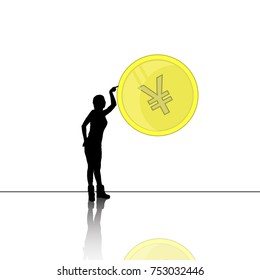 yen Chinese coin. silhouette of a girl holding a coin. vector illustration for your design