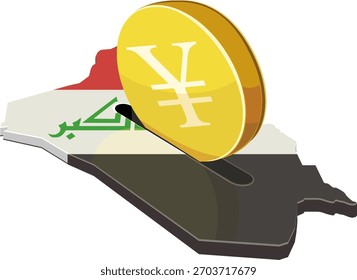 Eine Yen-Münze, die in einen Schlitz auf der Irak-Karte eingefügt wird (Flaggenfarben). Konzept für Auslandsinvestitionen, Finanzierungen oder Wirtschaftshilfe. (ausgeschnitten)