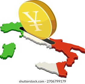 Una moneda de yen insertada en una ranura en el mapa de Italia (colores de la bandera). Concepto de inversión extranjera, finanzas o ayuda económica en Europa y la Eurozona. (cortado)