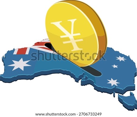 A yen coin being inserted into a slot on the Australia map (flag colors). Concept for foreign investment, finance, or economic aid in Oceania. (cut out)