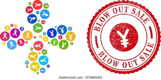 Yen coin colorful explosion flower with four petals, and red round BLOW OUT SALE rough stamp imitation. Yen coin symbol inside round seal. Element flower created from random yen coin items.