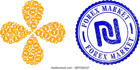 Yen coin curl motion, and blue round FOREX MARKET scratched badge with icon inside. Element flower with 4 petals combined from oriented yen coin symbols. Vector flower collage in flat style.