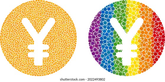 Yen coin mosaic icon of circle elements in various sizes and rainbow colored color hues. A dotted LGBT-colored yen coin for lesbians, gays, bisexuals, and transgenders.