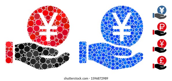 Yen coin payment hand composition of round dots in variable sizes and color hues, based on yen coin payment hand icon. Vector round dots are organized into blue composition.