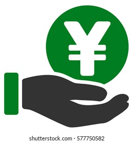Yen Coin Payment Hand vector pictogram. Illustration style is a flat iconic bicolor green and gray symbol on white background.