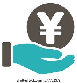 Yen Coin Payment Hand vector pictogram. Illustration style is a flat iconic bicolor grey and cyan symbol on white background.