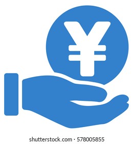 Yen Coin Payment Hand vector pictograph. Illustration style is a flat iconic cobalt symbol on white background.