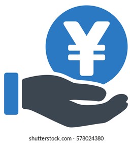 Yen Coin Payment Hand vector pictograph. Illustration style is a flat iconic bicolor smooth blue symbol on white background.