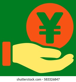 Yen Coin Payment Hand vector pictograph. Illustration style is a flat iconic bicolor orange and yellow symbol on green background.