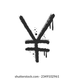 Yen coin. Urban street icon in y2k grunge graffiti style with streaks, splash effects, drops. Black air sprayed graphic. Spray textured vector illustration for graphic tee; banners; social media