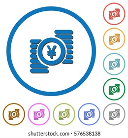 Yen coins flat color vector icons with shadows in round outlines on white background