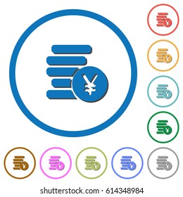Yen coins flat color vector icons with shadows in round outlines on white background
