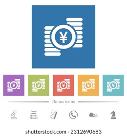 Yen coins flat white icons in square backgrounds. 6 bonus icons included.