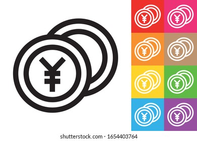 Yen Coins. Line Icon With Different Color Background.