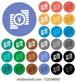 Yen coins multi colored flat icons on round backgrounds. Included white, light and dark icon variations for hover and active status effects, and bonus shades on black backgounds.