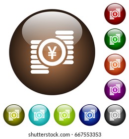 Yen coins white icons on round color glass buttons
