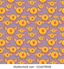 Yen coins with wings, seamless vector pattern, japanese currency