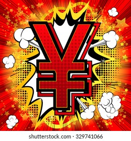 Yen comic book style symbol on abstract background.