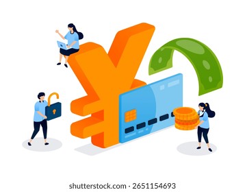 Yen currency and credit card symbolize global consumption and cross border trade, highlighting financial exchange within an international trade system. Can be used for banner, mobile app, website, ads