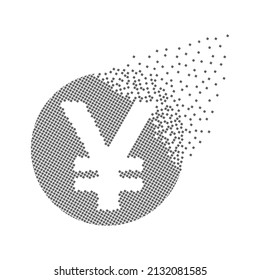 Icono de puntos de píxeles rápidos de la moneda Yen. El píxel de la economía y el comercio de divisas de Japón es sólido y plano. Arte de puntos en movimiento disuelto y disperso. Movimiento de píxeles integradores. Icono moderno Velocidad・y puertos.