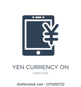 yen currency on tablet screen icon vector on white background, yen currency on tablet screen trendy filled icons from Computer collection, yen currency on tablet screen vector illustration