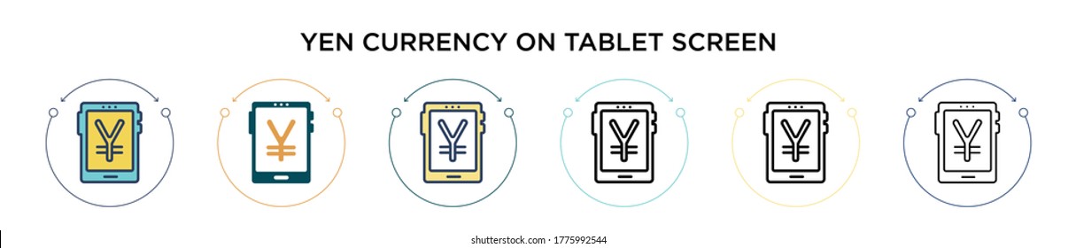 Yen currency on tablet screen icon in filled, thin line, outline and stroke style. Vector illustration of two colored and black yen currency on tablet screen vector icons designs can be used for 