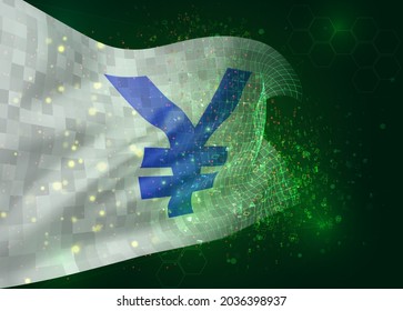 yen currency on vector 3d flag on green background with polygons and data numbers
