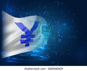 yen currency on vector 3d flag on blue background with hud interfaces