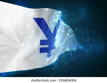 Yen-Währung, Vektorflagge, virtuelles abstraktes 3D-Objekt aus dreieckigen Polygonen auf blauem Hintergrund