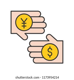 yen and dollar in hand, exchange money currency concept, bank and financial related icon, filled outline editable stroke