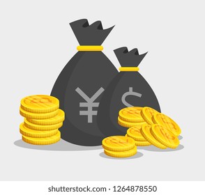 yen and dollar money with bitcoin currency