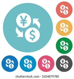 Yen Dollar money exchange flat white icons on round color backgrounds