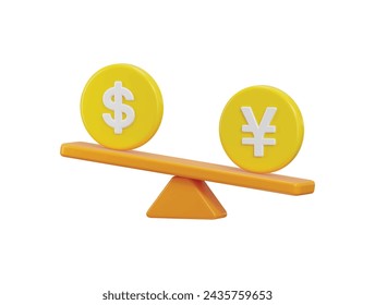 yen and dollar symbol on balance scale icon, currency comparison financial icon 3d render