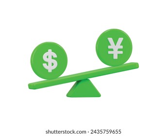 yen and dollar symbol on balance scale icon, currency comparison financial icon 3d render