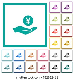 Yen earnings flat color icons with quadrant frames on white background