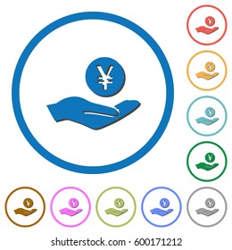 Yen earnings flat color vector icons with shadows in round outlines on white background