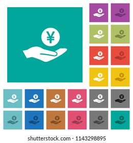 Yen earnings multi colored flat icons on plain square backgrounds. Included white and darker icon variations for hover or active effects.