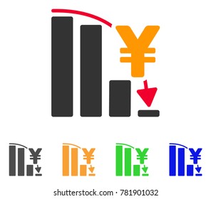 Yen Epic Fail Chart icon. Vector illustration style is a flat iconic yen epic fail chart symbol with grey, green, blue, yellow color variants. Designed for web and software interfaces.
