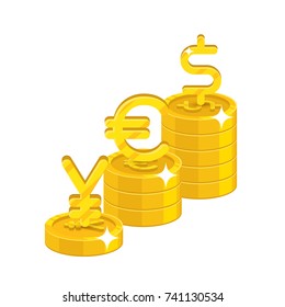 Yen, euro, dollar signs. Symbols of world currencies lying on relevant piles of gold coins. Money items to exchange at Bank, online commerce and other design needs. Vector illustration isolated