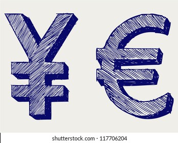 Yen And Euro. Doodle Style