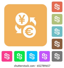 Yen Euro money exchange flat icons on rounded square vivid color backgrounds.