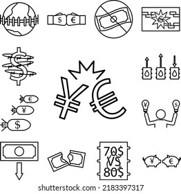 yen and euro war outline style icon in a collection with other items