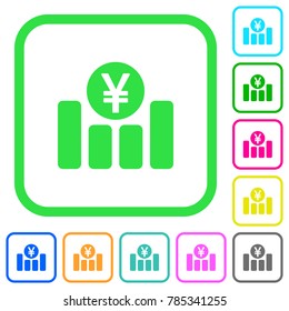 Yen financial graph vivid colored flat icons in curved borders on white background